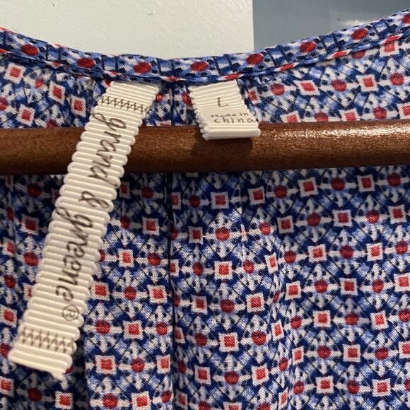Graham & Greene Top L Red Blue Geometric Sleeveless Blouse Tank - Picture 3 of 11
